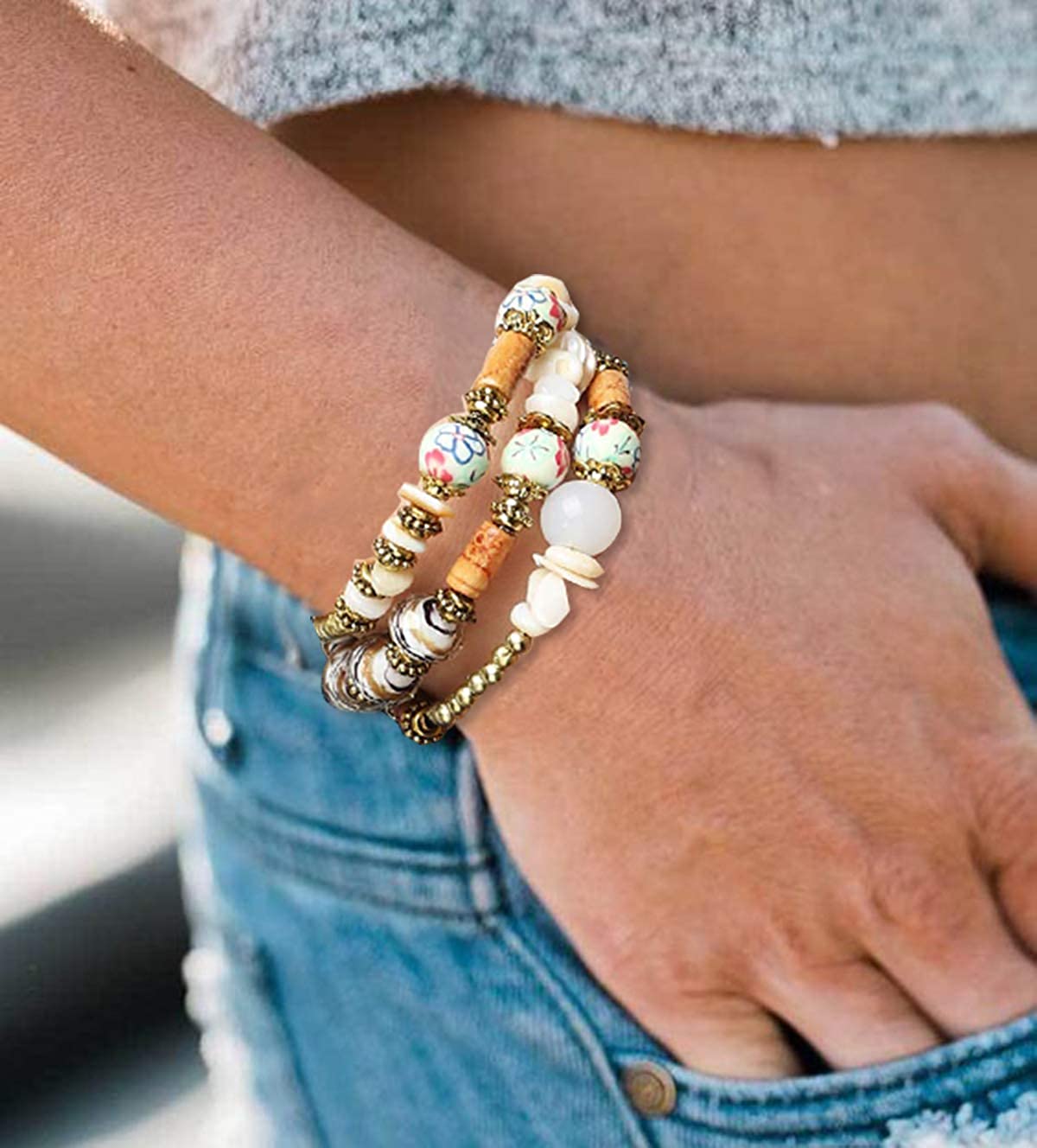 FIBO STEEL 6 Sets Bohemian Stackable Bead Bracelets for Women Stretch Multilayered Bracelet Set Multicolor Boho Jewelry - Image 4